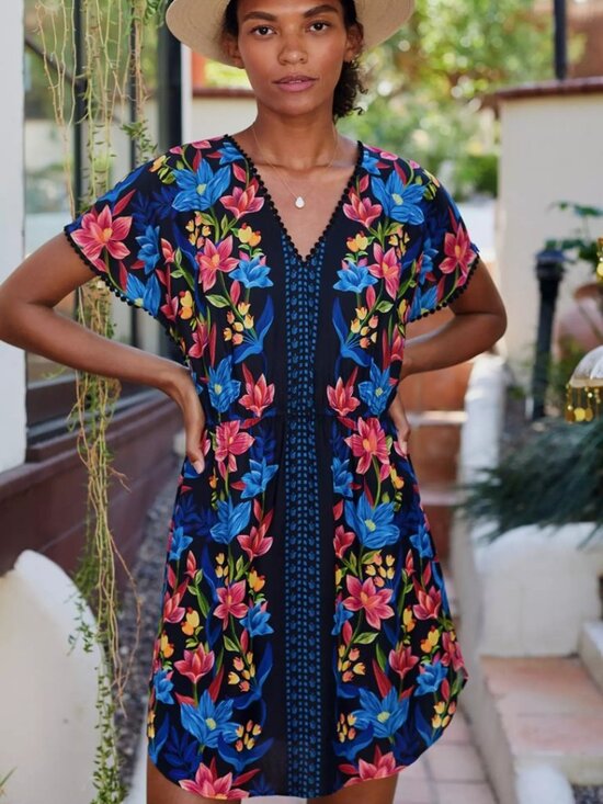 FARM Rio Dresses & Skirts - FARM RIO Anthropologie Pom Pom Trim Black Tropical Floral Dress S Small